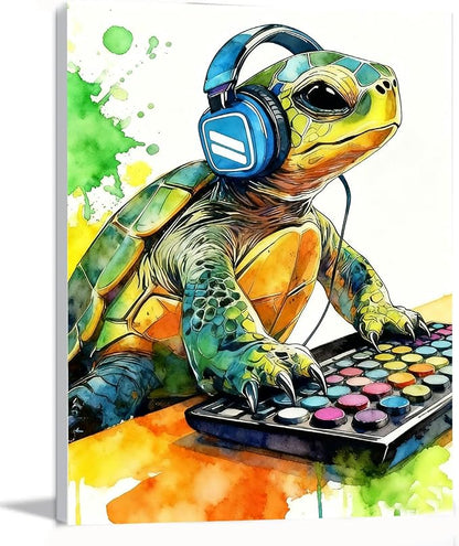 Graffiti DJ Sea Turtle Canvas Wall Art Modern Funny Print 12x16 inch Green Tortoise with Headphones Teen Boy Gaming Room Cool Framed Turtle Art Decor Kids Animal Bedroom Office Home Poster