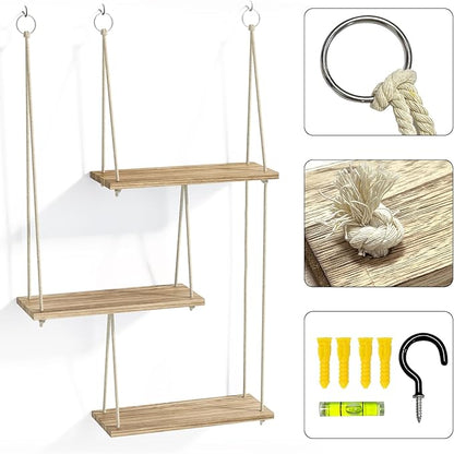 Fixwal Hanging Plant Shelves for Wall, 3 Tier Boho Wall Decor Plant Rack Floating Shelves Rope Rustic Wood Organizer Storage Hanger for Aesthetic Home Bedroom Kitchen Bathroom- Rustic Brown