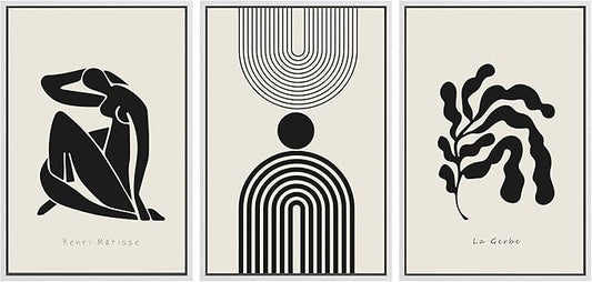 SIGNLEADER Framed Canvas Print Wall Art Set Duotone Matisse Dancer Flower Plant Collage Abstract Shapes Illustrations Modern Art Boho Decorative for Living Room, Bedroom, Office - 16"x24"x3 WHITE