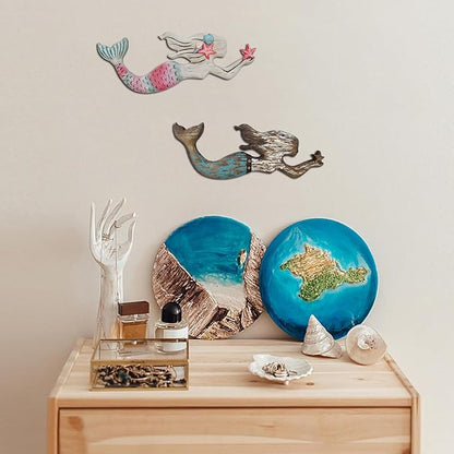 Veclotch Wood Mermaid Nautical Beach Wall Decor, Rustic Mermaid Wooden Hanging Coastal Wall Art Sculpture for Home, Lake House, Ocean Bathroom Decor, White,brown,aqua