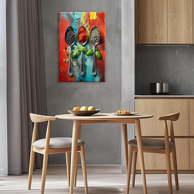 Kitchen Canvas Wall Art Colorful Spices Seasoning On Spoon Picture Print Abstract Contemporary Modern Artwork For Living Room Dining Room Hotel Decor(Artwork-6,24"x36")