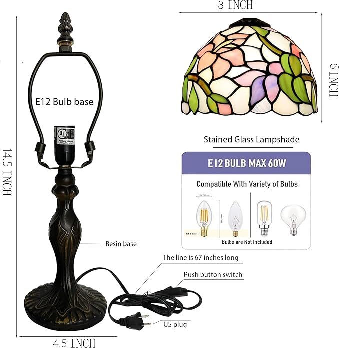 Tiffany Style Lamp Stained Glass Table Lamp 8 x 14.5” Pink Flower Design Mini Accent Lamp Small Decorative Bedside Memory Light
