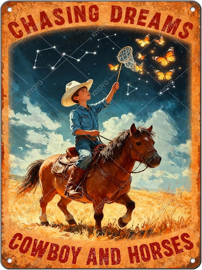 Cowboy and Horses Sign Cowboy Vintage Tin Sign Chasing Dreams Metal Poster Home Farmhouse Wall Decor 16x12 Inch