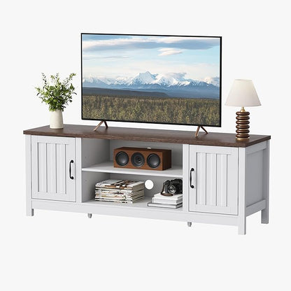 ChooChoo 54" Farmhouse TV Stand for TVs up to 65 inches, Entertainment Center with Storage Cabinets, Open Shelves and Fluted Door, TV Console Table for Living Room, Bedroom, White