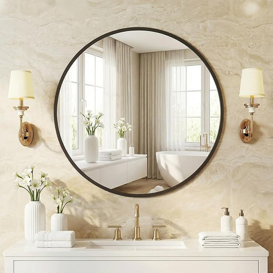 NEWBULIG 20 Inch Round Wall Mirror, Bathroom Mirror for Over Sink, Matte Metal Framed Circle Vanity Mirror, Wall Decor for Bedroom, Anti-Rust, Tempered Glass, Hanging or Leaning, Classic Black