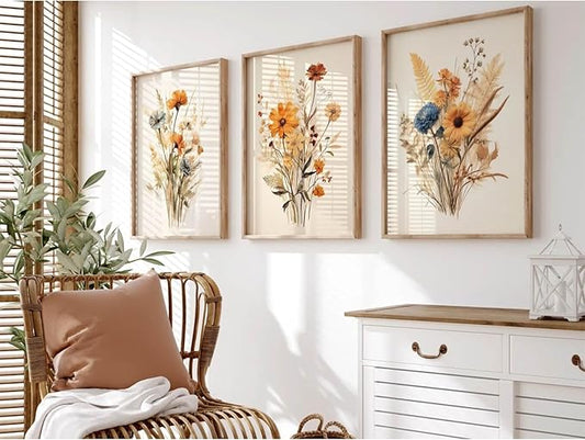 Botanical Floral Wall Art Set of 3 Vintage Wildflower Canvas Wall Decor Watercolor Rustic Farmhouse Wall Art Aesthetic Botanical Pictures Vintage Floral Prints for Room Bedroom 16x24 Inch Unframed