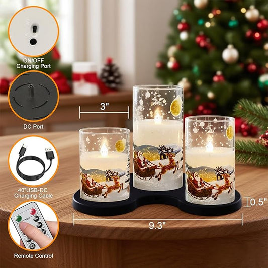 Santa Glass Flameless Candles Rechargeable Battery Operated with Remote and Timer Real Wax LED Flickering Pillar Candles White Cold Light Window Christmas Holiday Decor D3 x 4",5",6"