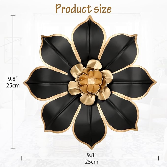 10" Metal Flowers Wall Decor, Black & Gold 3D Floral Metal Wall Art Decor for Inoor & Outdoor Use, Vintage & Modern Walls Arts for Bathroom, Living Room, Bedroom, Office, Garden, Patio, Porch, 1 Piece