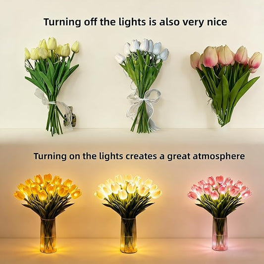 Radiant Romantic Tulip Light with Vase, 15 PCS Twinkling Tree Tulips LED Night Light Long-Lasting Brightness, Flower Shaped Ambient Night Lamp for Bedroom Bedside Decor & Gift (White)
