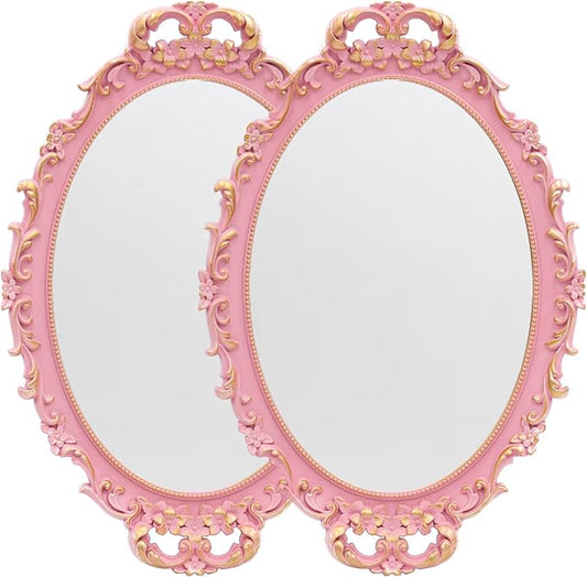 Tstarer 2PACK - Vintage Decorative Pink Framed Mirror, Wall Hanging Mirrors & Tabletop Tray for Bedroom Living Room Dresser Decor, Oval- 9.6" W x 14.3" L (PINK-2PACK)
