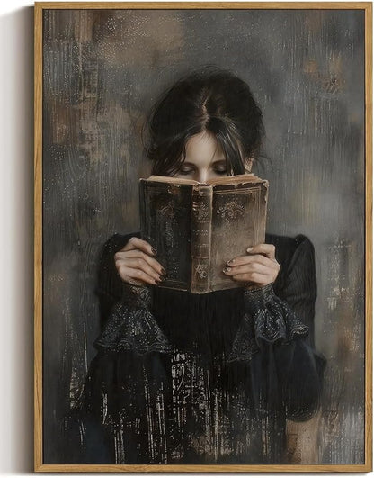 WALLZK Vintage Framed Wall Art Lady Reading Canvas Prints Dark Academia Moody Victorian Decor Pictures Artwork for Walls Living Room Study Bedroom Bathroom 16"x24"