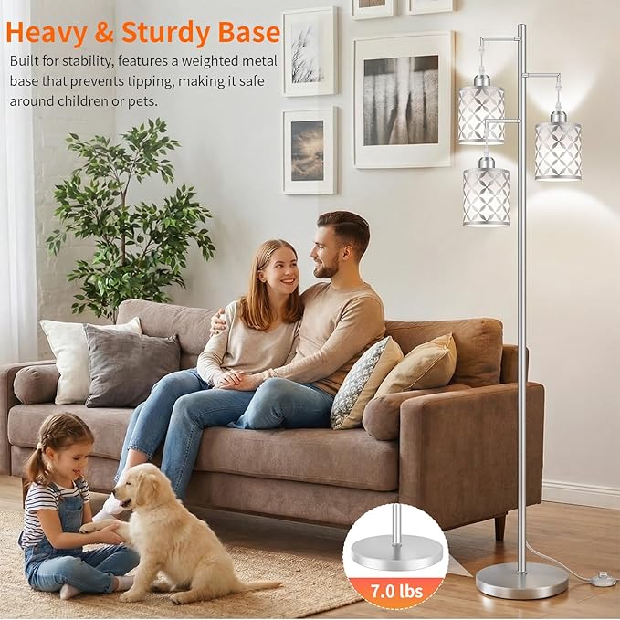 Dimmable Floor Lamp, Farmhouse Standing Lamp with Elegant Metal Cage, Industrial Tall Tree Floor Lamps for Living Room, Bedroom, Study Room, Office, 3 x 800LM LED Bulbs Included, 72",Silver