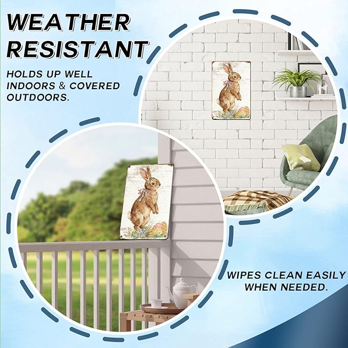 Happy Easter Bunny Metal Sign Spring Theme Rustic Tin Wall Art For Home Kitchen Garden Farmhouse Seasonal Decor 8x12Inch