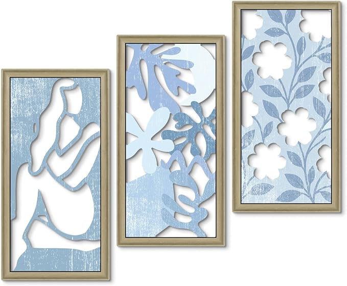Putuo Decor Boho Floral Wall Art, Minimalist Blue Flower Botanical Wooden Wall Decor with Women Figure Patterns, Modern Aesthetic Print Art for Bedroom Bathroom Living Room Office Set of 3