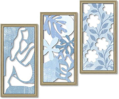 Putuo Decor Boho Floral Wall Art, Minimalist Blue Flower Botanical Wooden Wall Decor with Women Figure Patterns, Modern Aesthetic Print Art for Bedroom Bathroom Living Room Office Set of 3