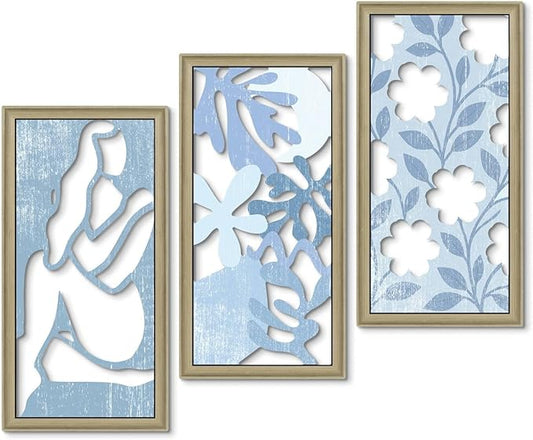 Putuo Decor Boho Floral Wall Art, Minimalist Blue Flower Botanical Wooden Wall Decor with Women Figure Patterns, Modern Aesthetic Print Art for Bedroom Bathroom Living Room Office Set of 3