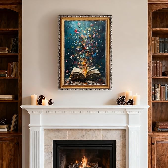 Balsuka Colorful Butterfly Wall Art Book Poster Trendy Painting Aesthetic Pictures Vintage Bookish Wall Decor Retro Library Canvas Print for book lover Reading Nook Bedroom 24x36inch Vintage Framed