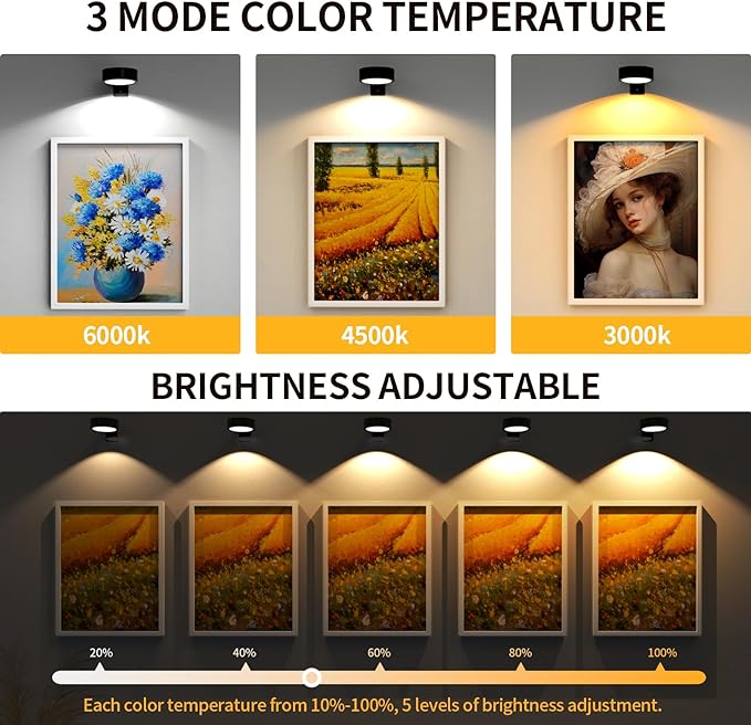 Narotood Picture Lights for Wall, Rechargeable Battery Magnetic Poster Lights with 3 Color Temps, Remote and Dimmable Timer Art Display Light for Picture Artworking Frame Portrait (3-Pack)