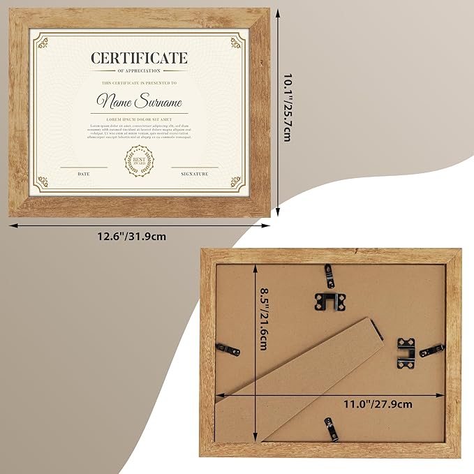 PETAFLOP Picture Frame 8.5x11 Rustic Certificate Frames Wall Tabletop Display Horizontally or Vertically, 7 Pack
