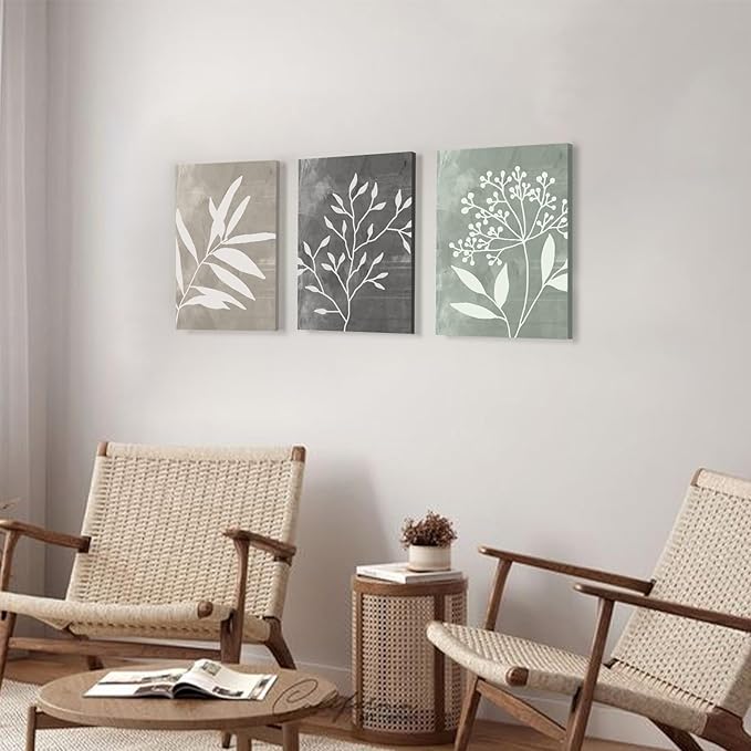 Vintage Botanical Wall Art Set of 3 Prints,Boho Framed Canvas Wall Art,Minimalist Floral Art Boho Wall Decor Living Room,Sage Green Grey Beige Netural Plant Wall Paintings for Bedroom Bathroom Decor,12"x16"