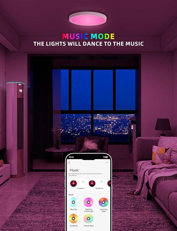 Smart Ceiling Light, 12 Inch, DIY Color Changing,Dimmable Night Light, Compatible with Alexa and Google Assistant, Light for Bedroom and Living Room, 1 Pack (White)