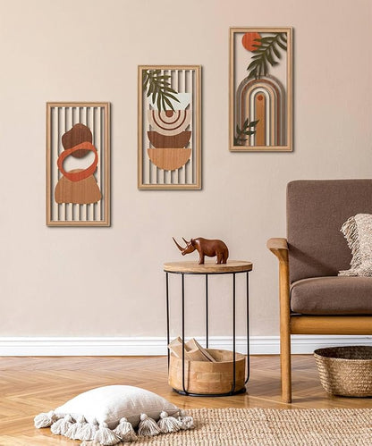 Putuo Decor Boho Wall Art Set of 3, Modern Minimalist Wooden Wall Decor, Abstract Aesthetic Room Decorations, Mid-Century Modern Artwork for Living Room, Bedroom, Office Orange 16.5 x 8.6 inch