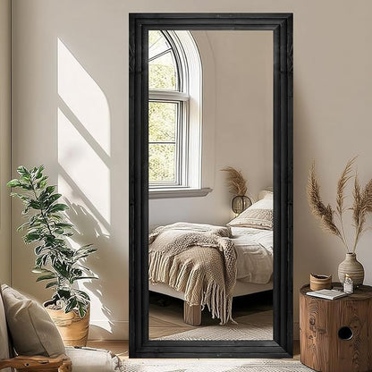 Full Length Wood Mirror 71x30 - Rustic Solid Wood Floor Mirror with Triple Layer Frame, HD Tempered Glass, Wall Mounted or Leaning Standing Mirror Vintage Black Mirror for Bedroom Bathroom Living Room