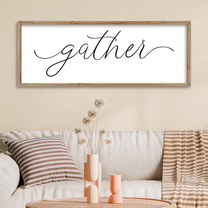 FZMHASLWW Gather Sign Wall Decor 32"×12" Large Wooden Framed for Dining Room Simple Home Kitchen Hanging Art (Wood)