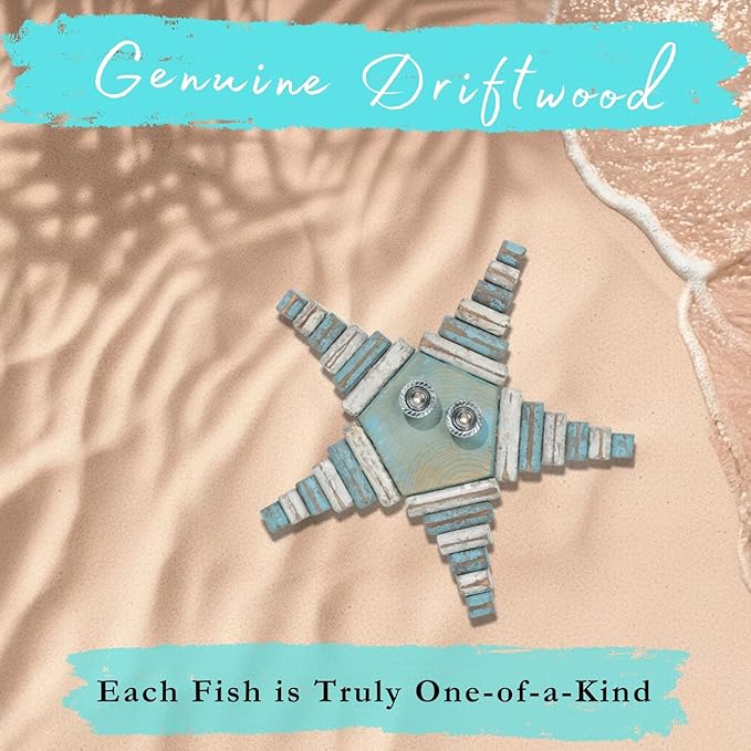 Handmade Driftwood Fish Nautical Wall Decor - 12" x 12" Wooden Rustic Coastal Wall Art for Living Room, Bedroom, Office, Bathroom - Ocean Beach Decoration (Grippy)