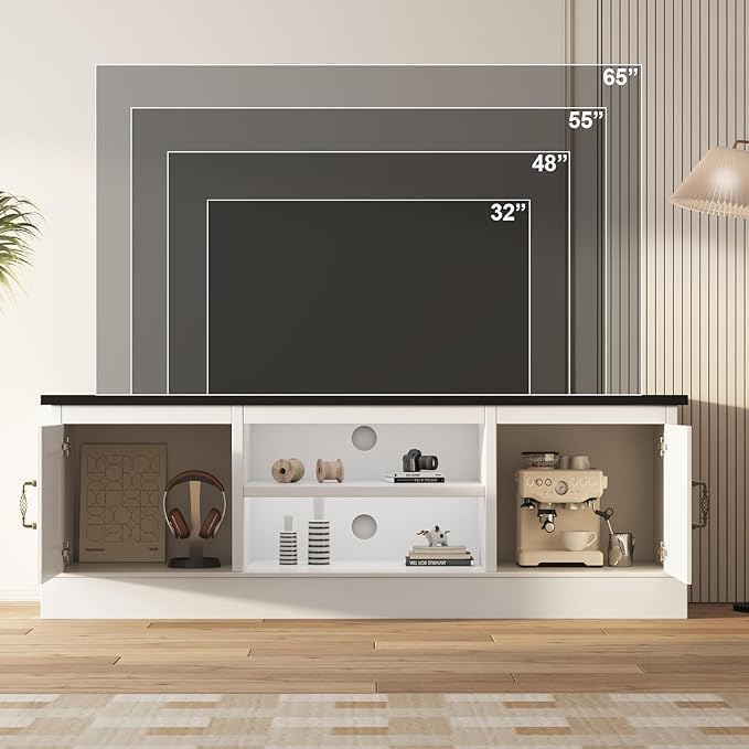 GAOMON 61" Farmhouse TV Stand for TVs Up to 65 Inch, Wooden Entertainment Center with 2 Storage Cabinets, Open Shelves & Cable Management, Rustic Media Console Table, White & Black