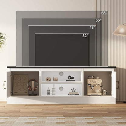 GAOMON 61" Farmhouse TV Stand for TVs Up to 65 Inch, Wooden Entertainment Center with 2 Storage Cabinets, Open Shelves & Cable Management, Rustic Media Console Table, White & Black