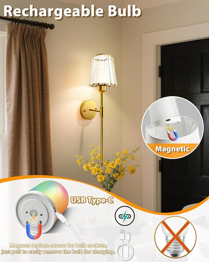 Adetu Crystal Battery Operated Wall Sconce Set of 2, Gold Rechargeable Wall Sconce with 10000mAh Magnetic Bulbs and Remote Control, RGB Dimmable Wireless Battery Wall Lights for Bedroom Living Room