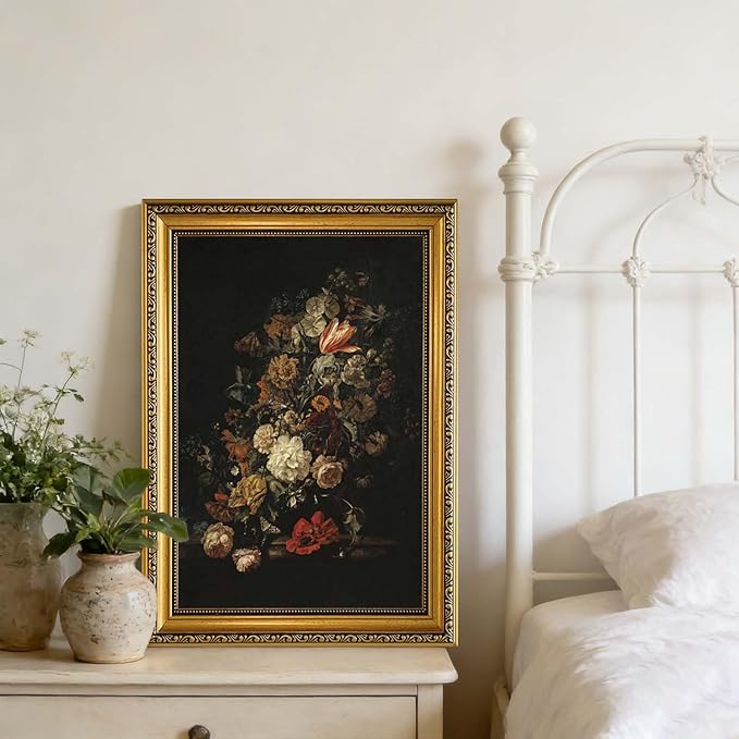 YD&YZY Gold Framed Vintage Wall Art Canvas Moody Flower Wall Decor Still Life Retro Dark Floral Aesthetic Art Painting Picture Print Artwork for Living Room Bedroom Home Decor 16x24 inch Framed