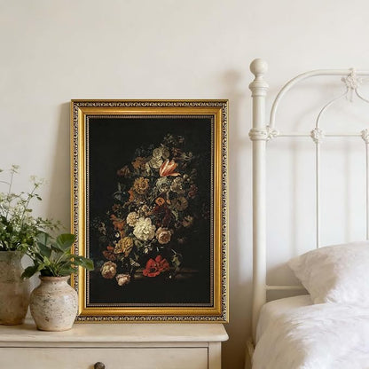 YD&YZY Gold Framed Vintage Wall Art Canvas Moody Flower Wall Decor Still Life Retro Dark Floral Aesthetic Art Painting Picture Print Artwork for Living Room Bedroom Home Decor 16x24 inch Framed