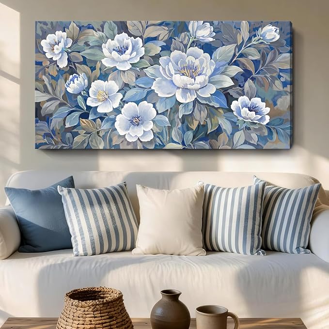 amatop Large Blue White And Gray Canvas Wall Art, Modern Natural Abstract Prints Of Plants For Living Rooms; Unique Blooming Flower Artwork For Bedrooms, Bathrooms, Dining Rooms, And Studies. 48X24In