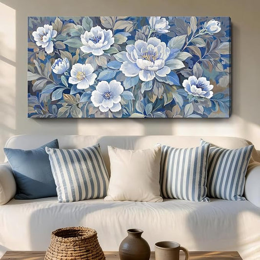 amatop Large Blue White And Gray Canvas Wall Art, Modern Natural Abstract Prints Of Plants For Living Rooms; Unique Blooming Flower Artwork For Bedrooms, Bathrooms, Dining Rooms, And Studies. 48X24In