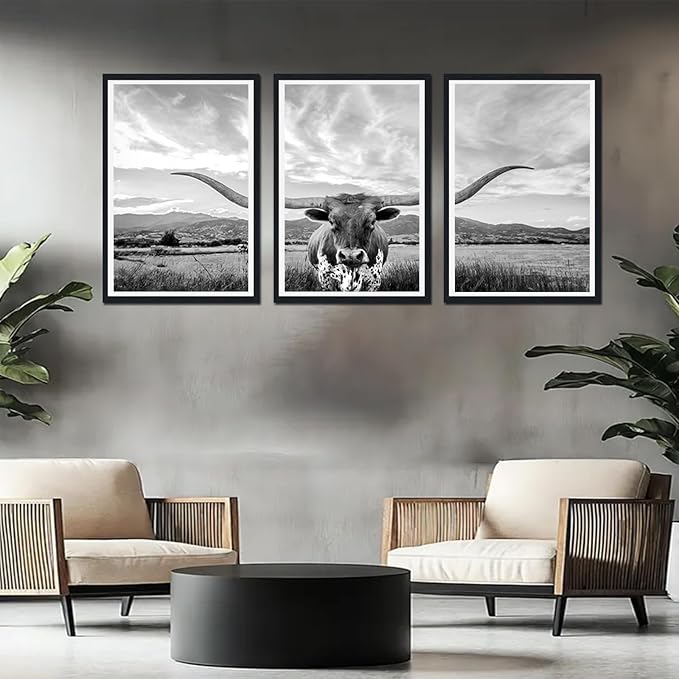 Western Cow Black Framed Canvas Wall Art Funny Highland Cow Rustic Art Poster Wall Decor Vintage Grey Animal Artwork for Country Apartment Living Room Bedroom Decor Easy to Hand 24x36inchx3pcs