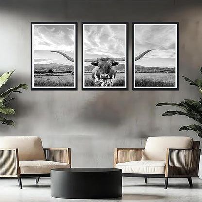Western Cow Black Framed Canvas Wall Art Funny Highland Cow Rustic Art Poster Wall Decor Vintage Grey Animal Artwork for Country Apartment Living Room Bedroom Decor Easy to Hand 24x36inchx3pcs
