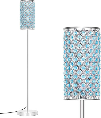 Floor Lamp for Living Room, Crystal Floor Lamp Girl Bedroom Lights, Silver Standing Lamps with Teal Shade, Elegant Standing Light Tall Pole Lamp for Bedroom, Dresser, Office (E26 Base)