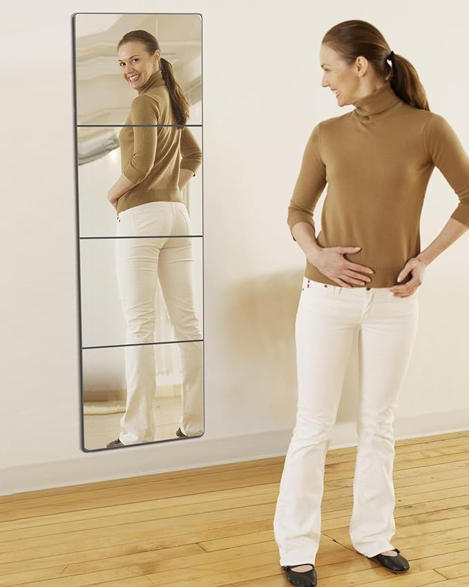 quegau Full Length Wall Mirror Tiles, Made of Shatterproof Plexiglass Acrylic (XL-Large 16"x 16"x 4 Pcs); Non Glass Safety Mirror Great for Baby Kids Playroom, Bedroom, Door, Home Gym