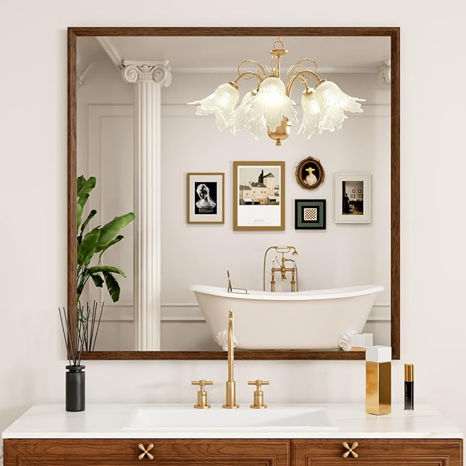 JISOSO Bathroom Vanity Mirror 36x36 Inch, Walnut Rectangle Bathroom Mirror, Anti-Rust, 4MM Tempered Glass, Wall-Mounted Mirror, Hangs Horizontally or Vertically for Bathroom & Bedroom