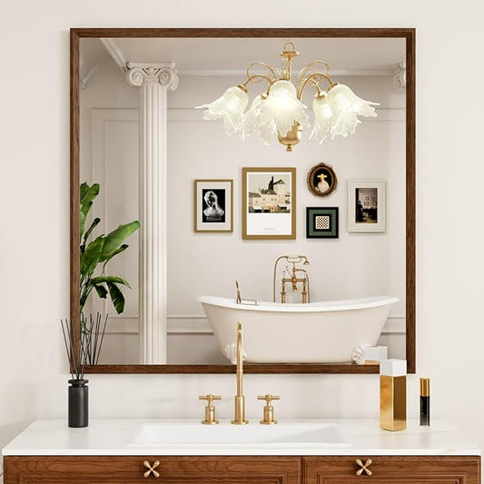 JISOSO Bathroom Vanity Mirror 36x36 Inch, Walnut Rectangle Bathroom Mirror, Anti-Rust, 4MM Tempered Glass, Wall-Mounted Mirror, Hangs Horizontally or Vertically for Bathroom & Bedroom
