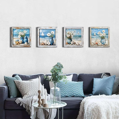 Coastal Wall Art Nautical Bathroom Decor Vintage Beach Theme Pictures Wall Art Vintage Beachy Paintings Canvas Prints Watercolor Flowers Posters Blue Seascape Framed Artwork Home Decorations 12x12”