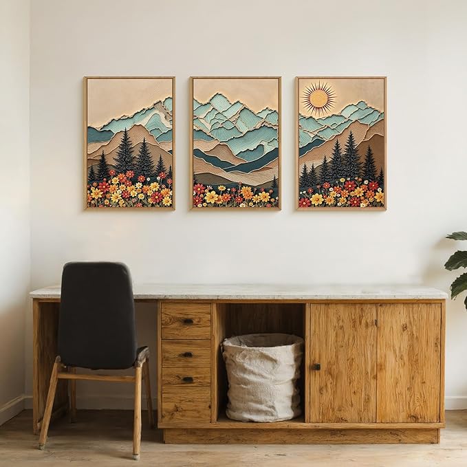 DRACIT Large Boho Wood Grain Mountain Framed Canvas Wall Art Set,Vintage Sunrise Forest Floral Wall Decor,Rustic Natural Wilderness Art Printing for Living Room,Bedroom,Office-16 x24 x3