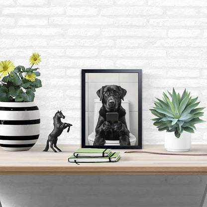 Black and White Bathroom Wall Art, Funny Labrador Dog Canvas Prints Poster, Cute Animal Sitting on Toilet Looking at Phone Picture, Modern Farmhouse Restroom Bathroom Home Wall Decor 8x10 Inch Framed