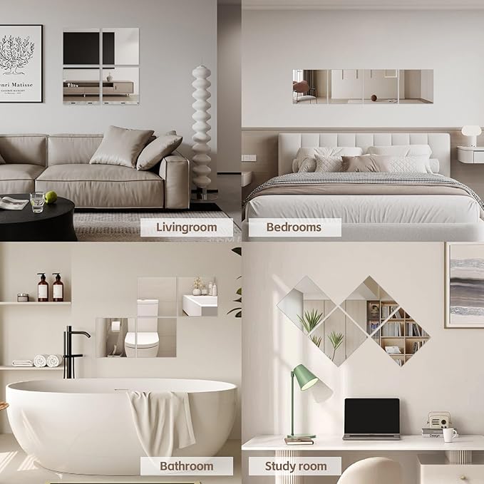Abyssaly Mirror Stickers for Walls 4 Pack 11.8''x11.8'' Self Adhesive Stick on Mirrors Tiles Small Peel and Stick 2mm Unbreakable Wall Mirrors Decorative Sheets for Kitchen