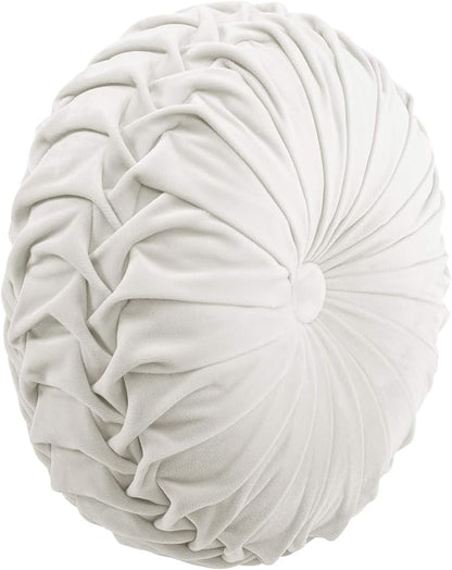 Lush Decor Round Pleated Soft Velvet Decorative Throw Pillow, 1 Count, 15" Diameter, White - Plush Round Pillow, Seat Cushion, Decorative Pillows For Bed, Couch, Or Chair