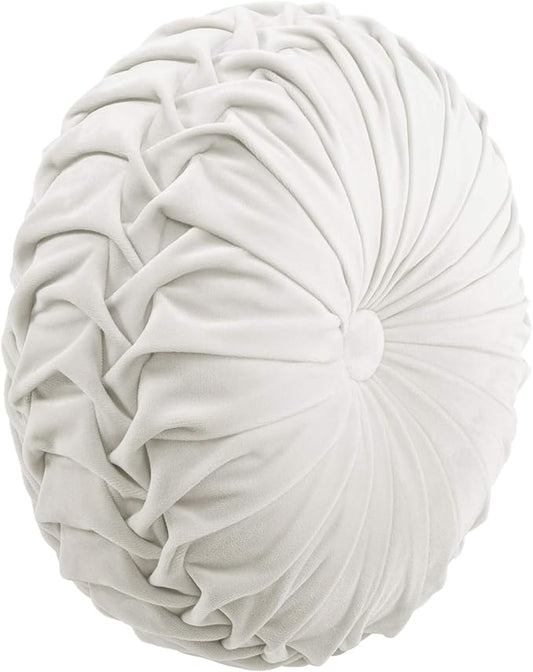 Lush Decor Round Pleated Soft Velvet Decorative Throw Pillow, 1 Count, 15" Diameter, White - Plush Round Pillow, Seat Cushion, Decorative Pillows For Bed, Couch, Or Chair