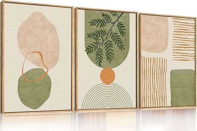 Celestdeco Large Boho Sage Green Framed Canvas Wall Art Set,Abstract Minimalist Geometric Line Wall Decor,Modern Mid Century Beige Leaf Artwork for Living Room,Bedroom,Dining Room,Office-24 x36 x3