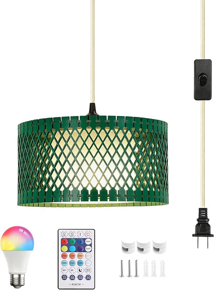 ZSLAIFU Hanging Lamp Plug in Pendant Light, 15FT Hanging Lights with Plug in Cord, Hanging Light with Bulb and Remote, Wood Shade Hanging Lamps for Bedroom, Living Room, Kitchen, Farmhouse(Green)